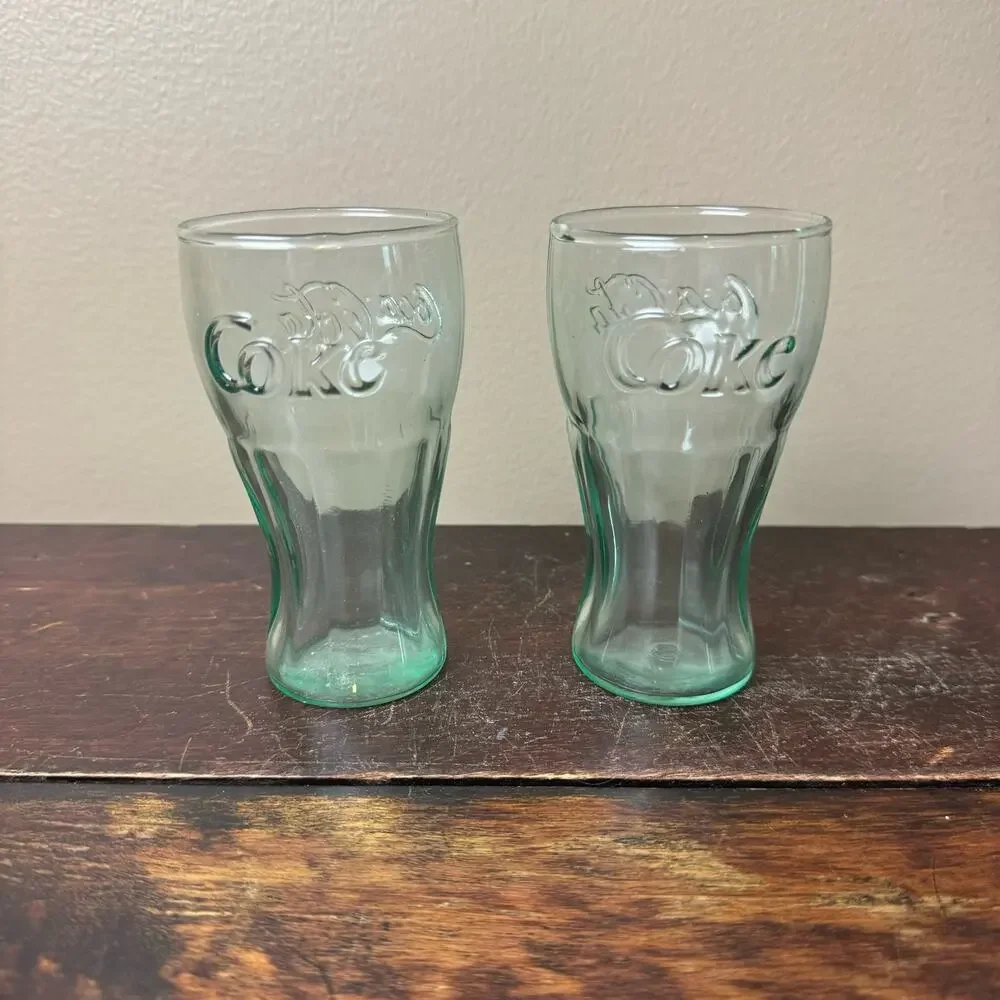 Set of 2 Vintage Coca-Cola green tint fountain shake‎ 4.5 inch glasses Marked IG